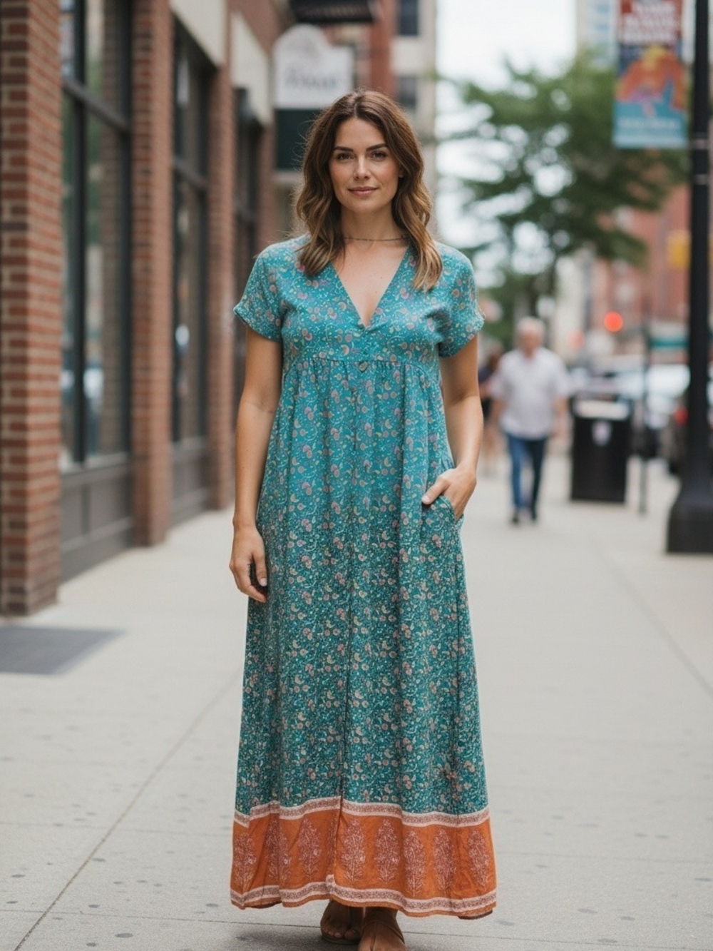 NATURAL LIFE Teal Floral V-Neck Maxi Dress with Rust Border